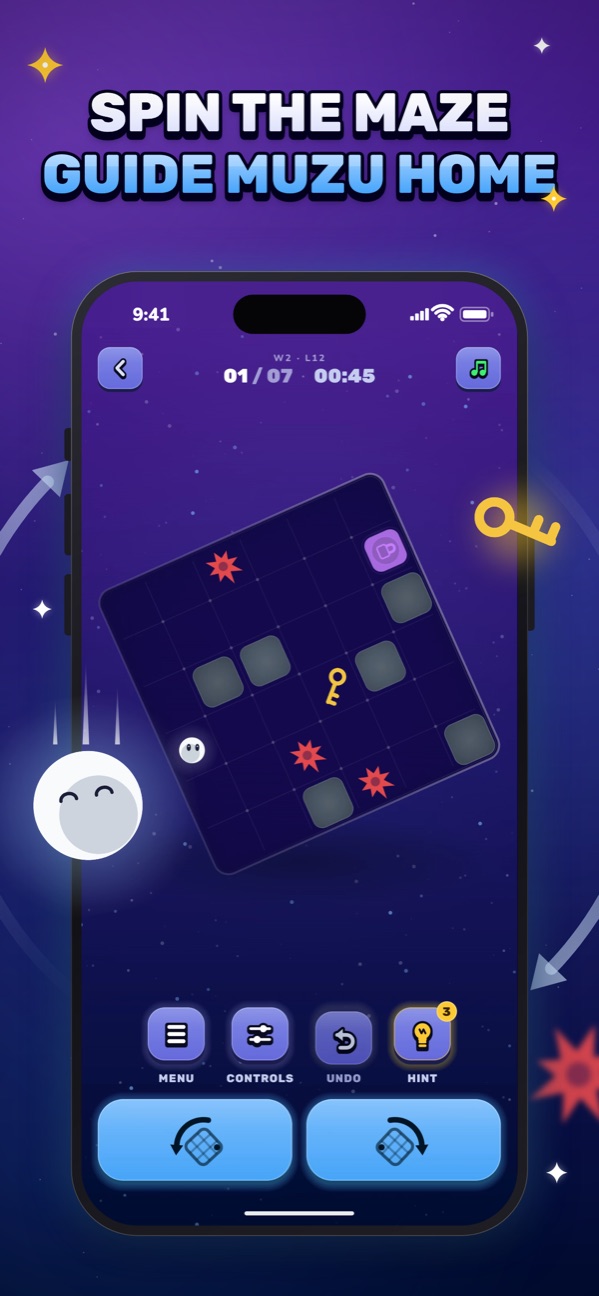 Spin the maze, guide Muzu home: the board caught mid-turn